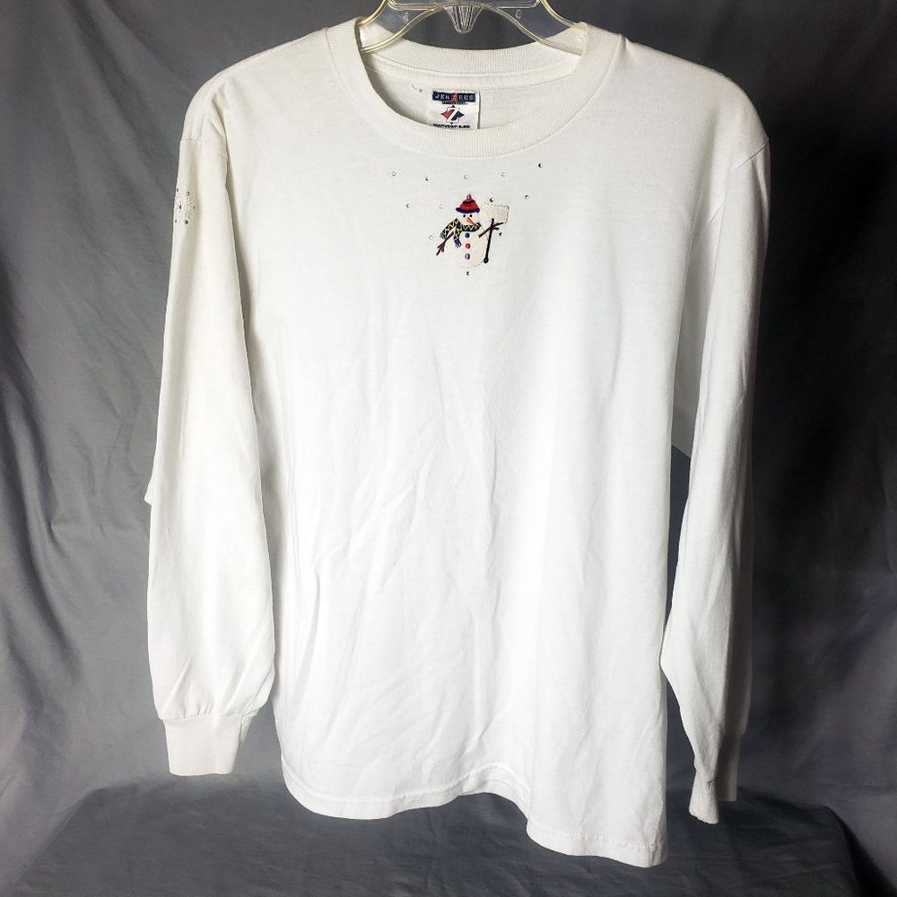 Jerzees Women's Medium White Snowman Long Sleeve Scoop Neck Christmas Shirt Top